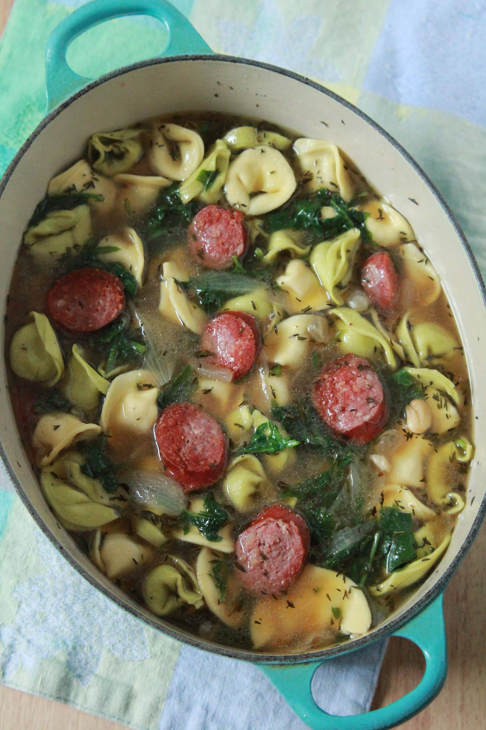 Cheese Tortellini Soup with White Beans and Kielbasa